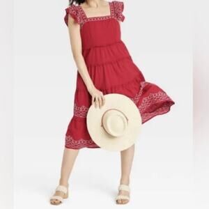 Knox Rose Embroidered Ruffle Boho Tiered Midi Dress Large Red White